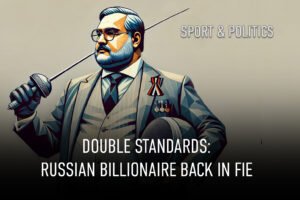 A poly art style illustration of a billionaire with a beer belly wearing glasses and a suit and holding a fencing sabre.